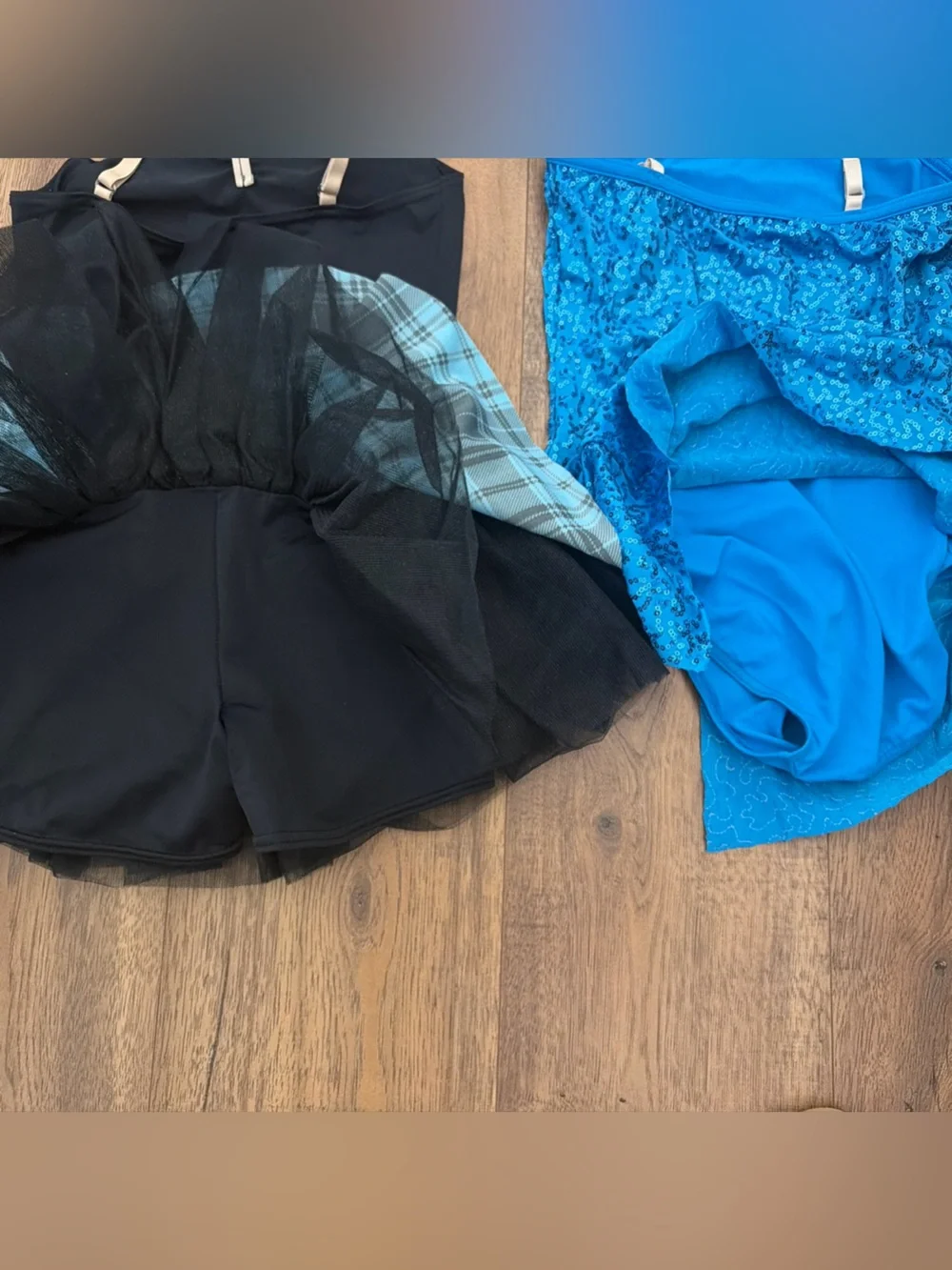 Blue Sequin Halter Dress & Black Top with Blue Plaid Skirt Duo Dance Costumes